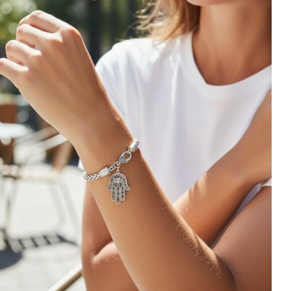 Silver-Tone Hamsa Hand Charm Bracelet Heart Lobster Clasp & Thick Braided Chain - Picture 3 of 8